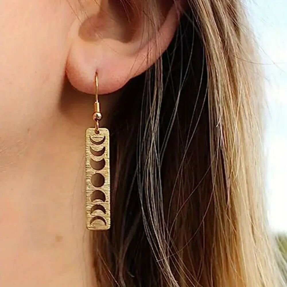 "Aurora"  Celestial Moon Phase Gold Cut Out Drop Earrings- Bohemian Chic